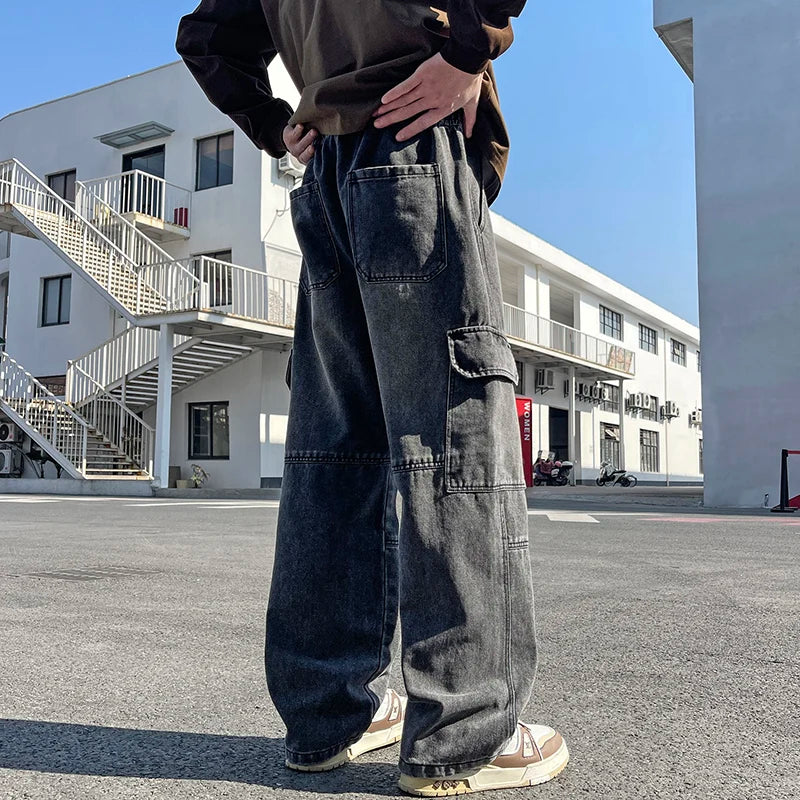 2025 new men's cement grey work jeans Y2K street hip-hop large pocket wide-leg straight jeans trousers jogging black light blue