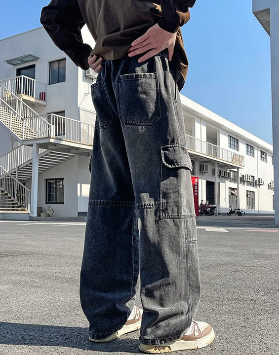 2025 new men's cement grey work jeans Y2K street hip-hop large pocket wide-leg straight jeans trousers jogging black light blue