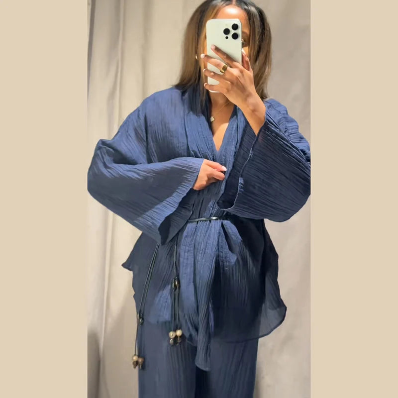 Tie Front Textured Women Set V-Neck Loose Set Wide Sleeve Drawstring Pants Casual Lounge Solid Color 2 Piece Outfits For Daily