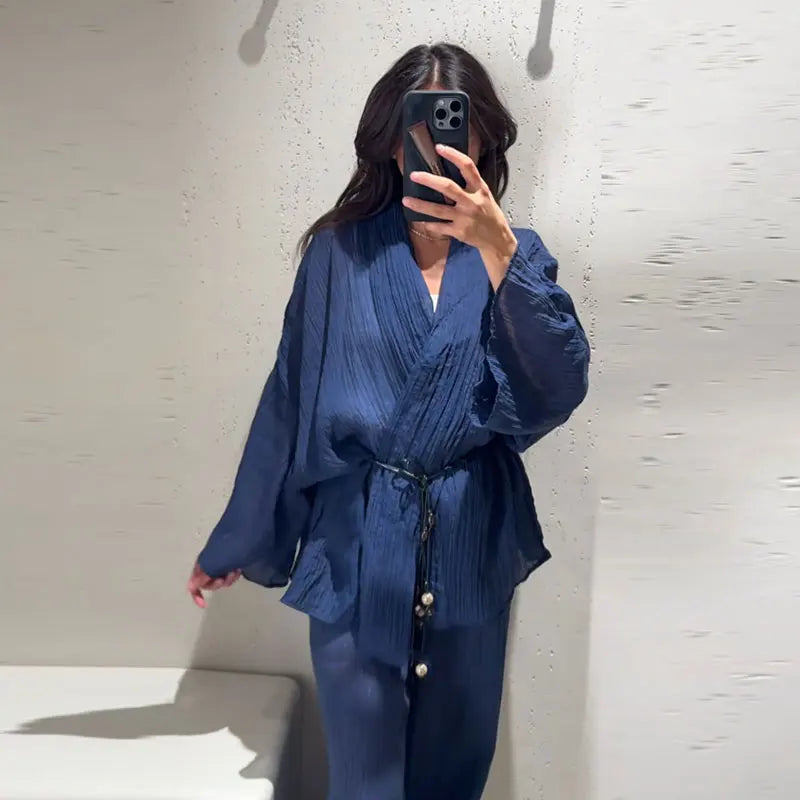 Tie Front Textured Women Set V-Neck Loose Set Wide Sleeve Drawstring Pants Casual Lounge Solid Color 2 Piece Outfits For Daily