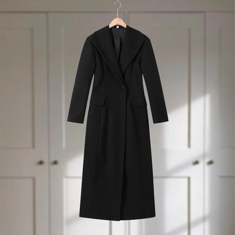 Elegant Women's Woolen Coat Black Single-Button Stand Collar Slim Lady Long Coats 2025 Autumn Winter Chic Female Streetwear New