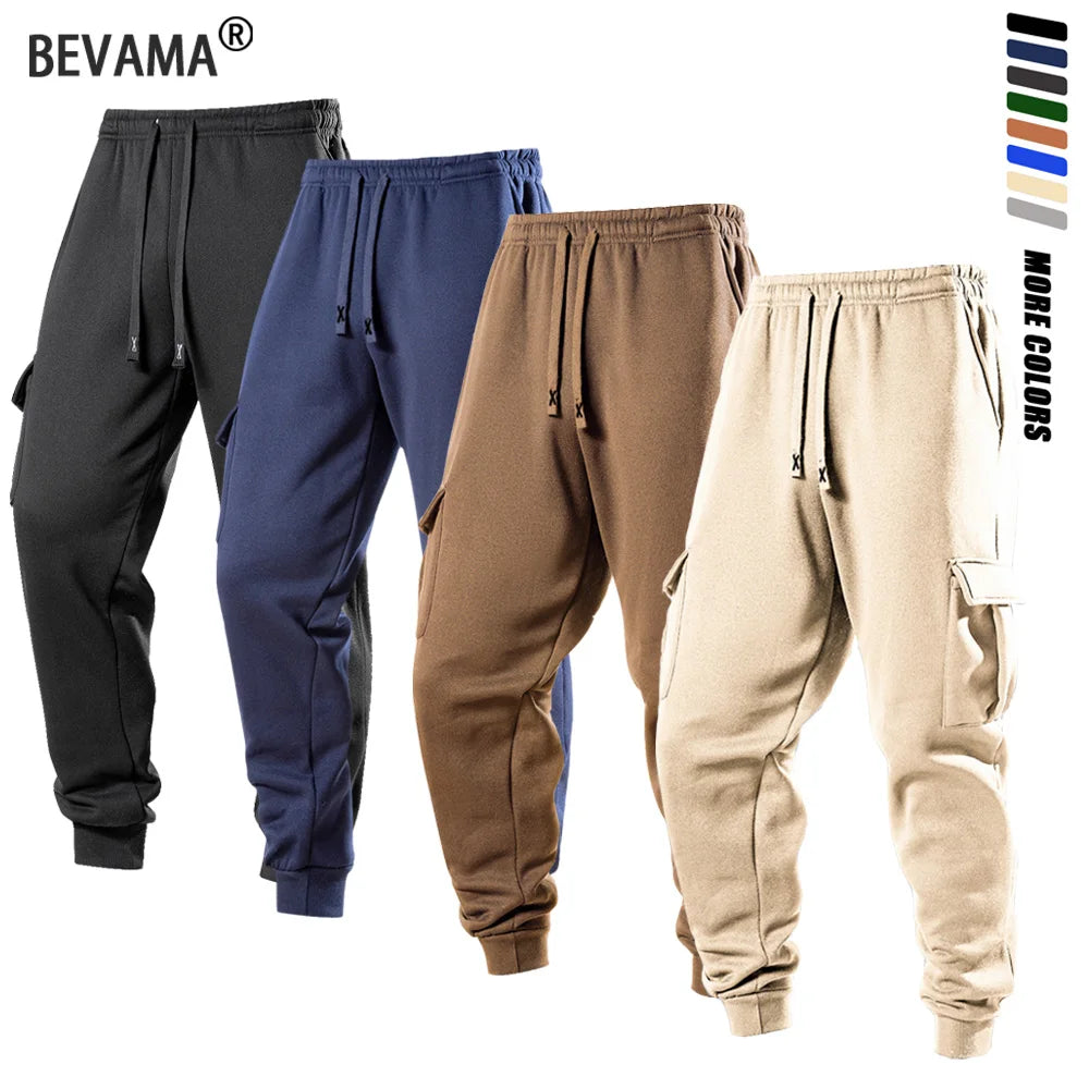 Men Cargo Pants Casual Sports Drawstring Sweatpants Spring Autumn Solid Color Patchwork Pockets Ankle Length Skinny Pencil Pants