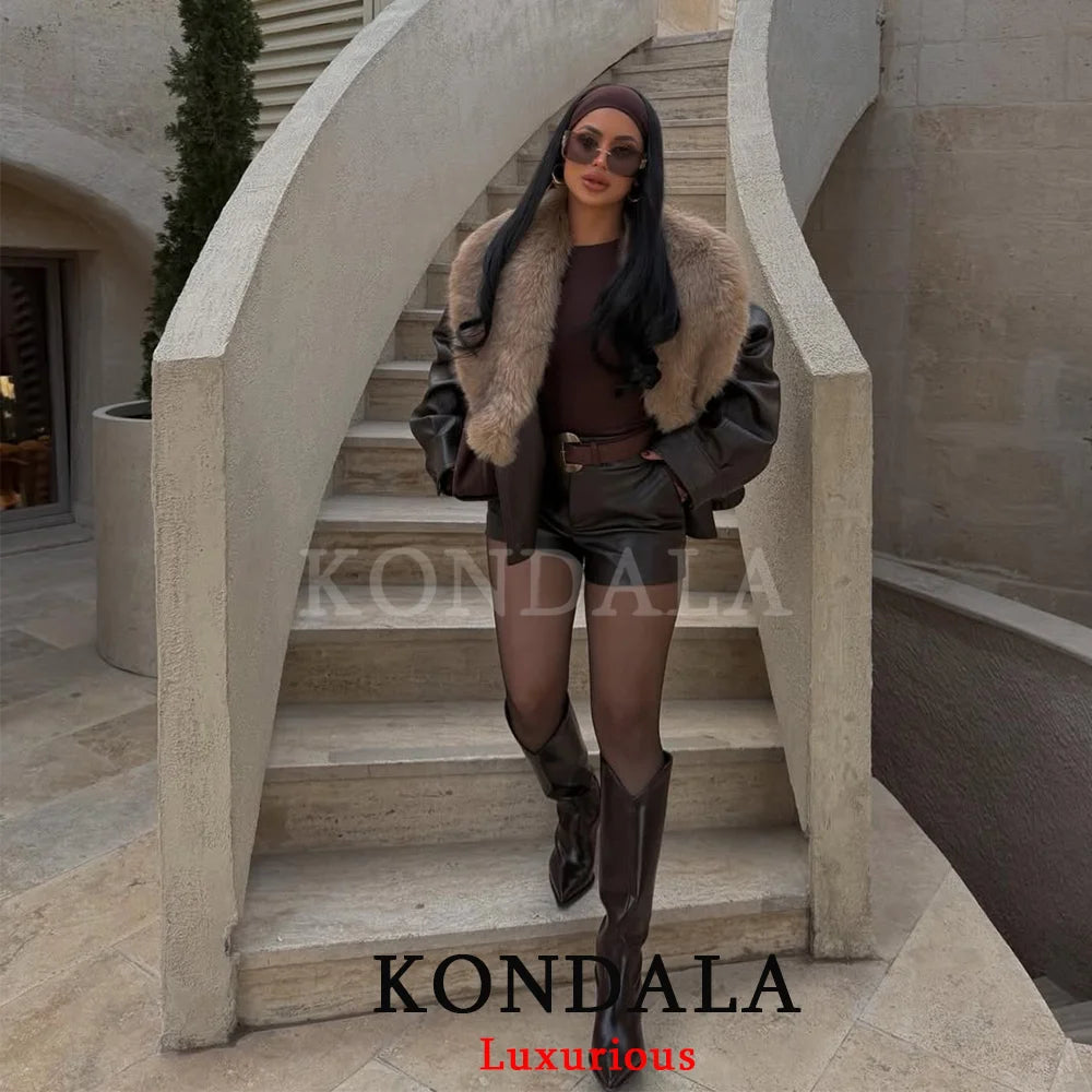 Fur-Collar Faux Leather Jacket
