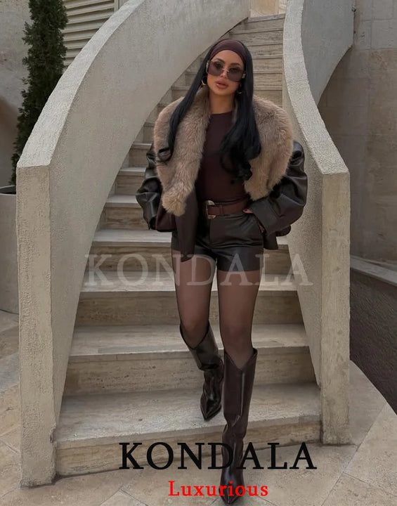 Fur-Collar Faux Leather Jacket