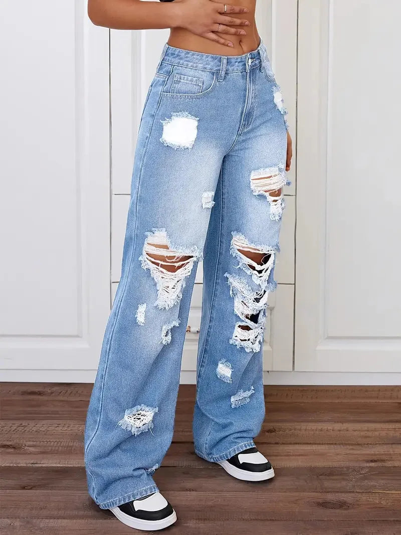 Distressed Washed High Waist Straight Leg Versatile Loose Fit Denim Pants for Women