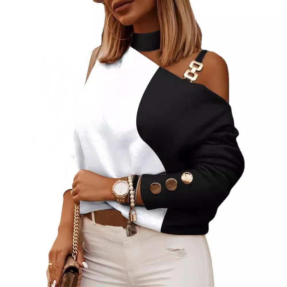 Women Tops Long Sleeve Skew Collar Tees Print T Shirts Pullover High Street Tee Autumn Loose Fit 2025 Casual Buttons Chain