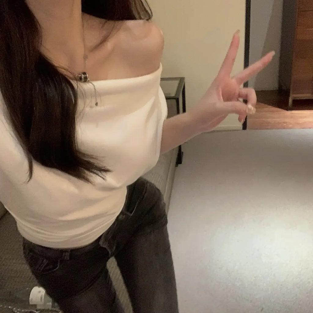 T-shirts Women Clothing Skew Collar Vintage Summer Aesthetic Sexy Off Shoulder Streetwear Elegant Minority Fashionable Pure 2023