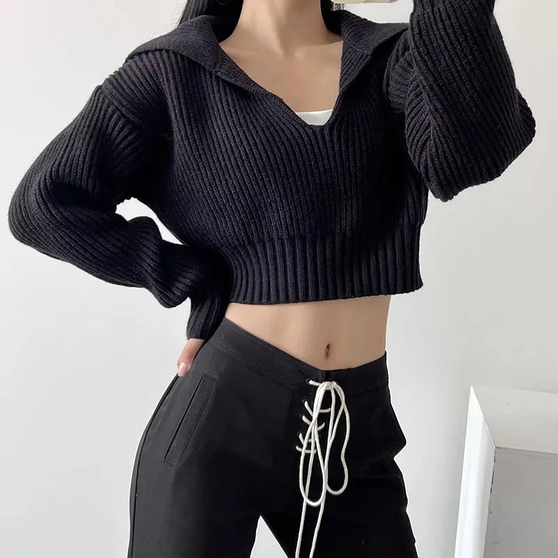 New V Big Lapel Knitted Sweater Women Fashion Loose Cropped Knit Jumper for Woman Korean All-Match Casual Pullover Knitwear