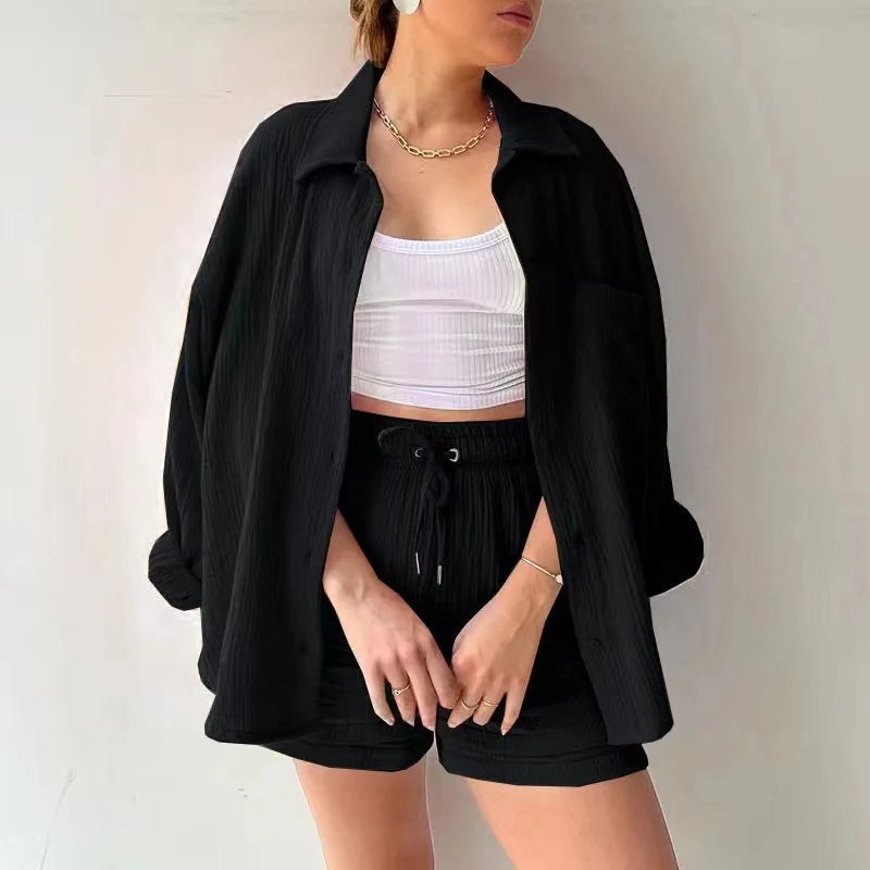 Women's Summer Shorts Set White Long Shirt High Waisted Pants Sets Casual Outfit Streetwear Suits For Women Female Clothing 2025