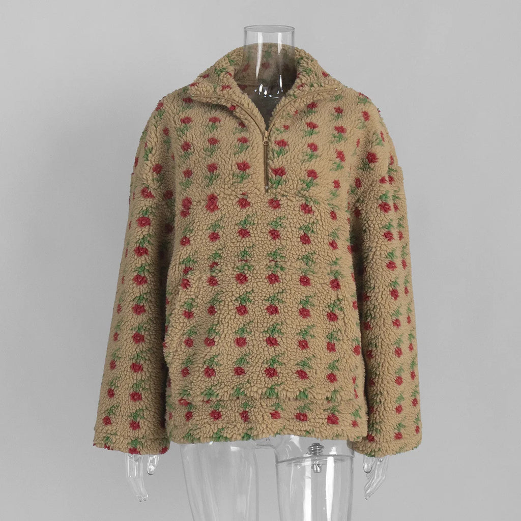 KADUWAKI Retro Christmas Women's Fashion Polar Fleece Flower Blossoms Sweaters Cotton Loose Warm Fur Stand Up Collar Zipper Tops