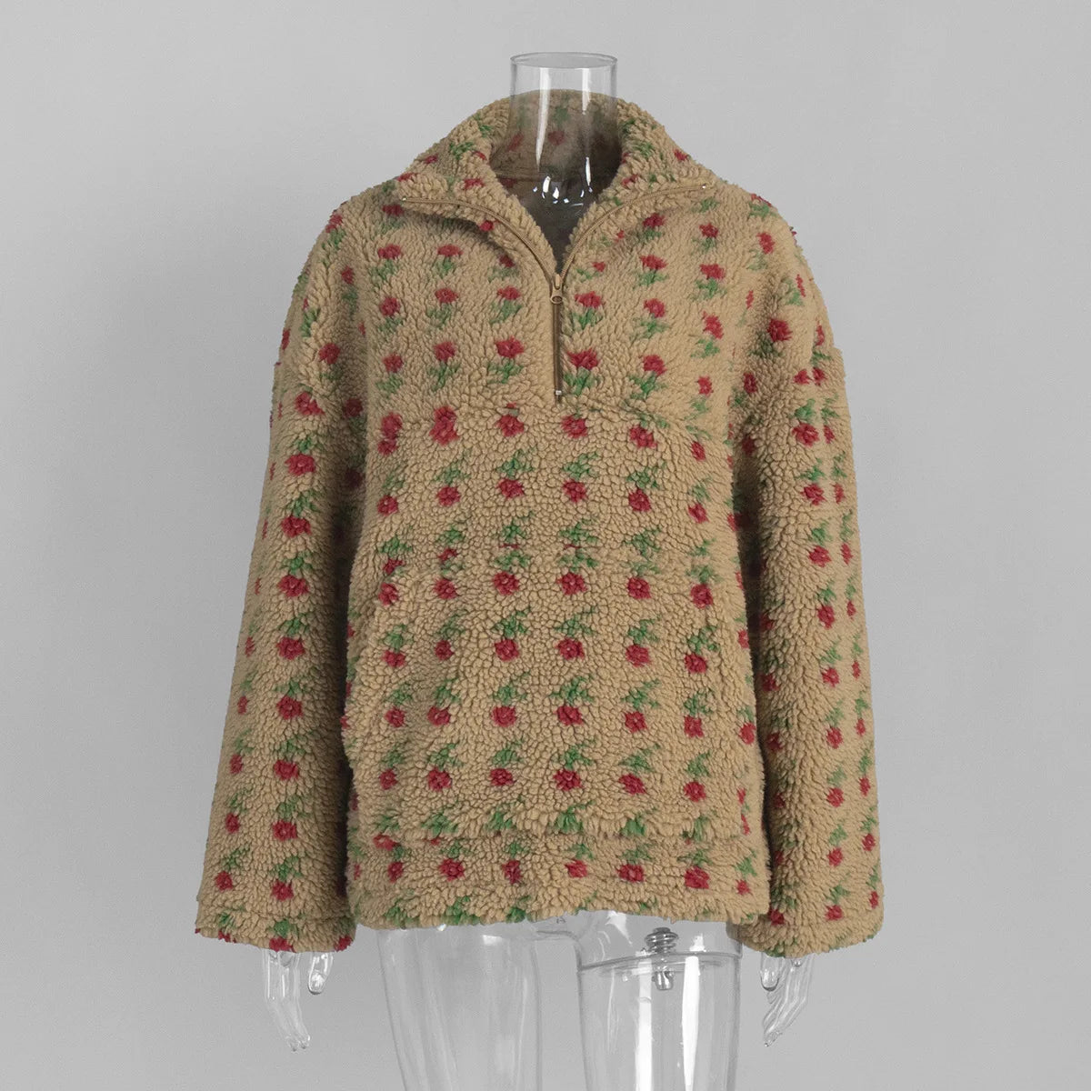 KADUWAKI Retro Christmas Women's Fashion Polar Fleece Flower Blossoms Sweaters Cotton Loose Warm Fur Stand Up Collar Zipper Tops