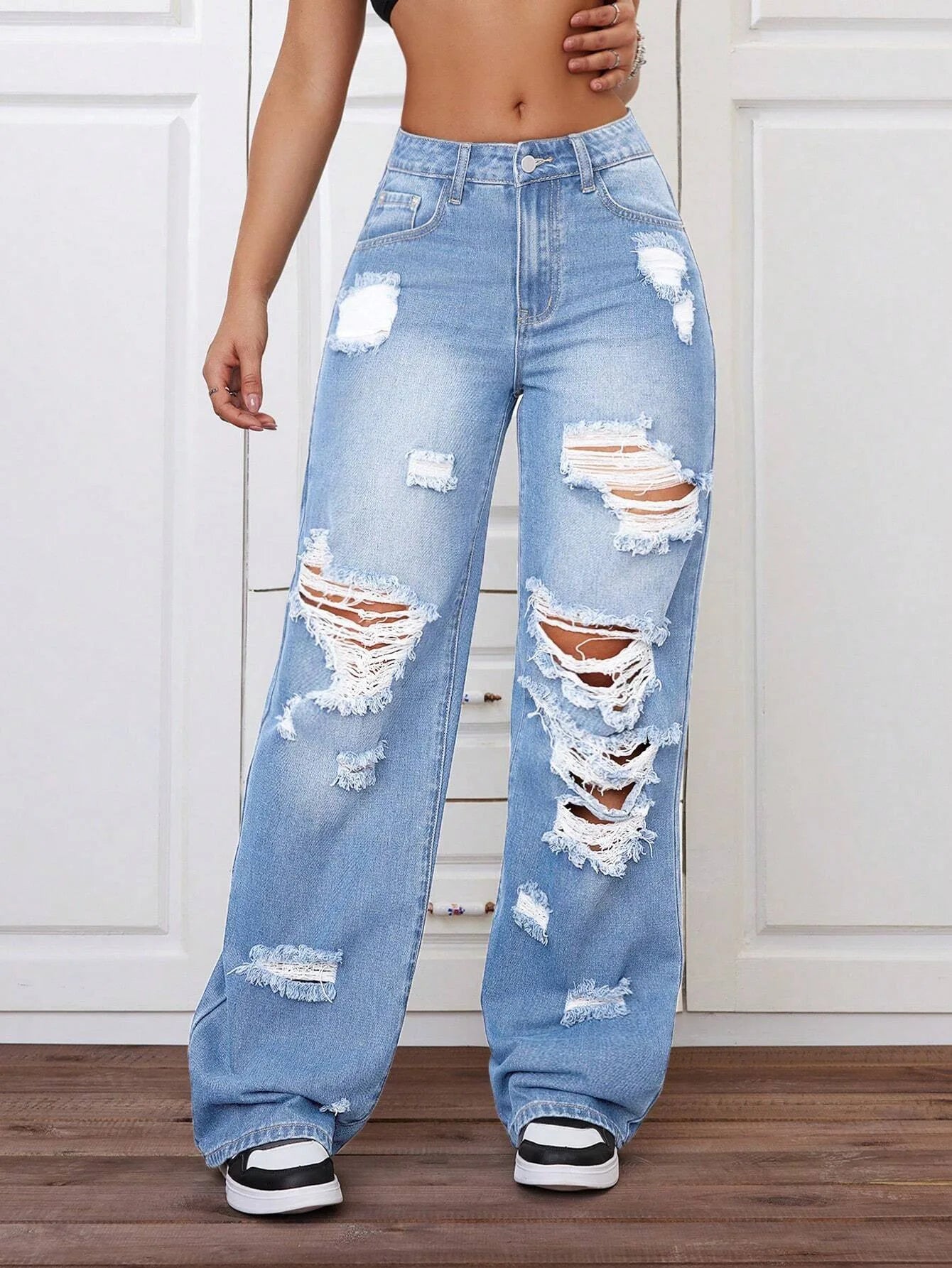 ANJY Spring Autumn New Women Washed Vintage Ripped Design High Street Jeans Trendy Fashion Straight Versatile Denim Pants A23084