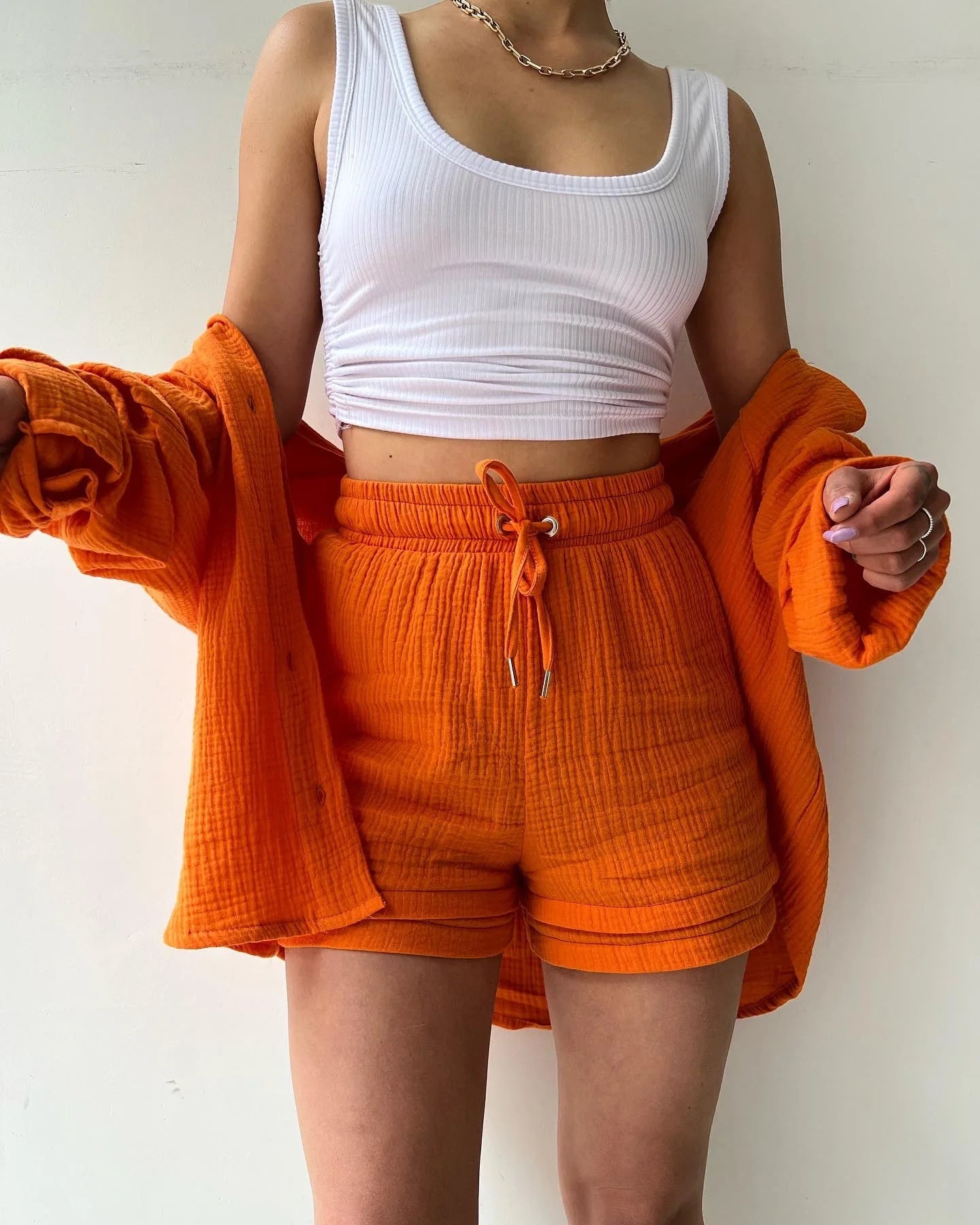 Women's Summer Shorts Set White Long Shirt High Waisted Pants Sets Casual Outfit Streetwear Suits For Women Female Clothing 2025