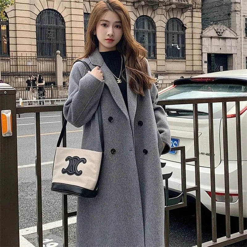 100% Wool Coat Lapel Overcoat Women Wool Blend Double Breasted Long Sleeve Shoulder Pad Coat 2024 Autumn Female Outwear