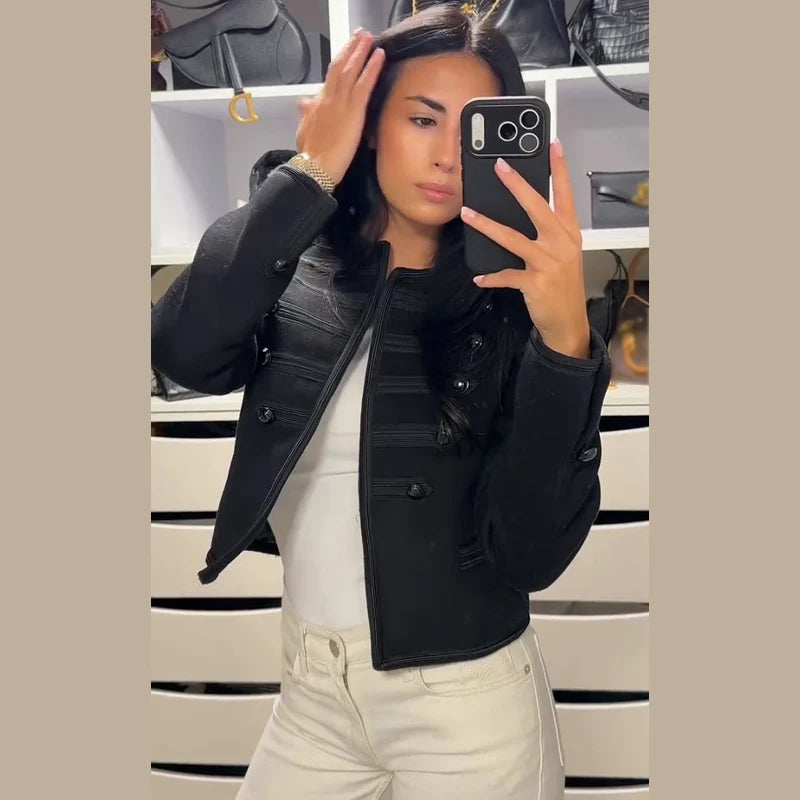 Casual Solid Women's Jacket O-Neck Full Sleeve Button Black Lady Cropped Jackets 2026 Spring Chic Female Street Outerwear