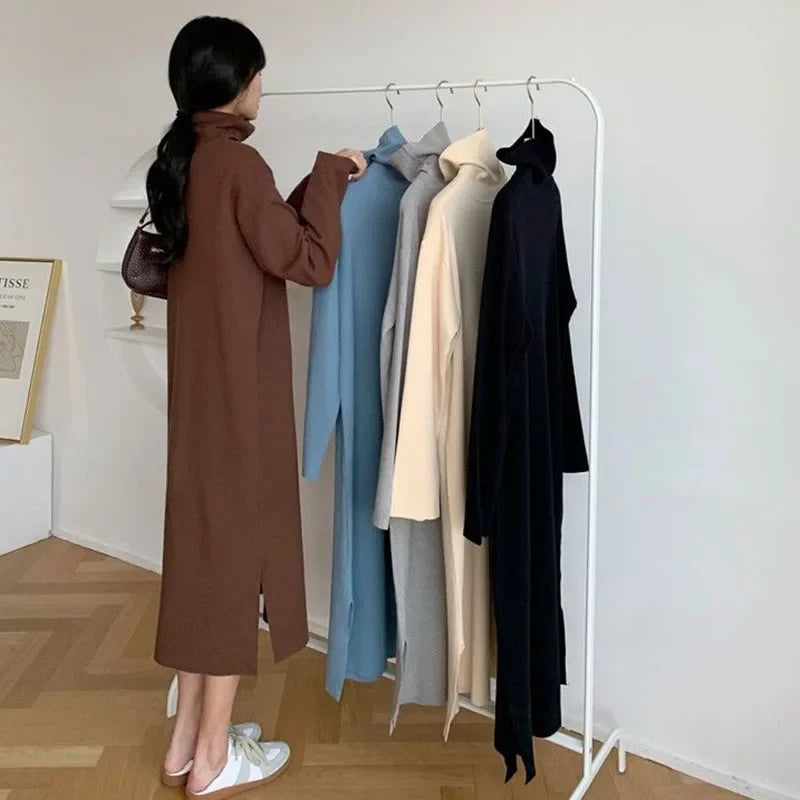 Smvp Fall Winter Turtleneck Long Dress Women Basic Solid Casual Loose Long Sleeve Dresses Female Streetwear Side Split Dress
