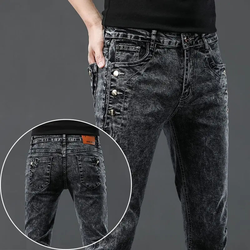 Vintage Fashion Men's Designer Jeans Snowflake Wash Korean Fashion Stretch Pants Male Classic Slim Denim Trousers