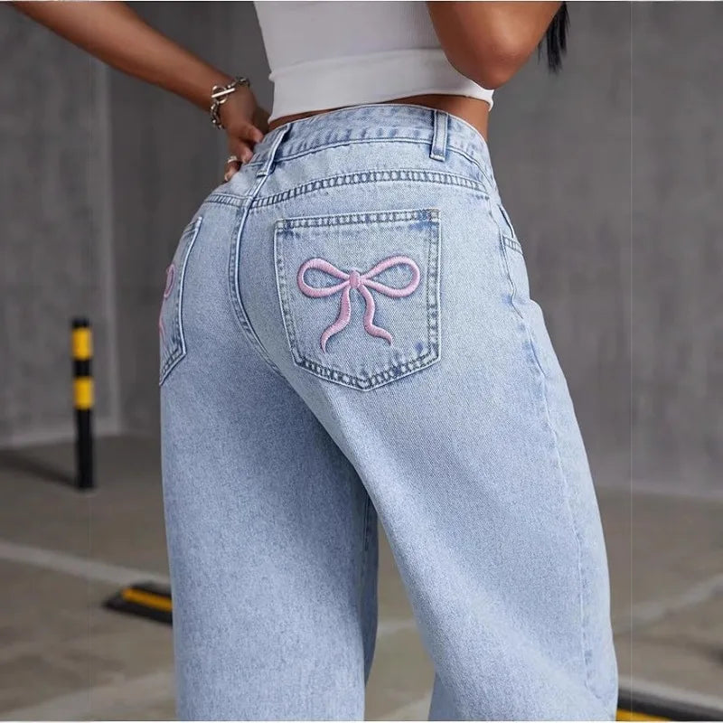 UNITIM Lady Versatile Washed Denim Trousers Women Straight Leg Slim Fit Jeans Pants Women Pockets Vintage Floor Length Trousers