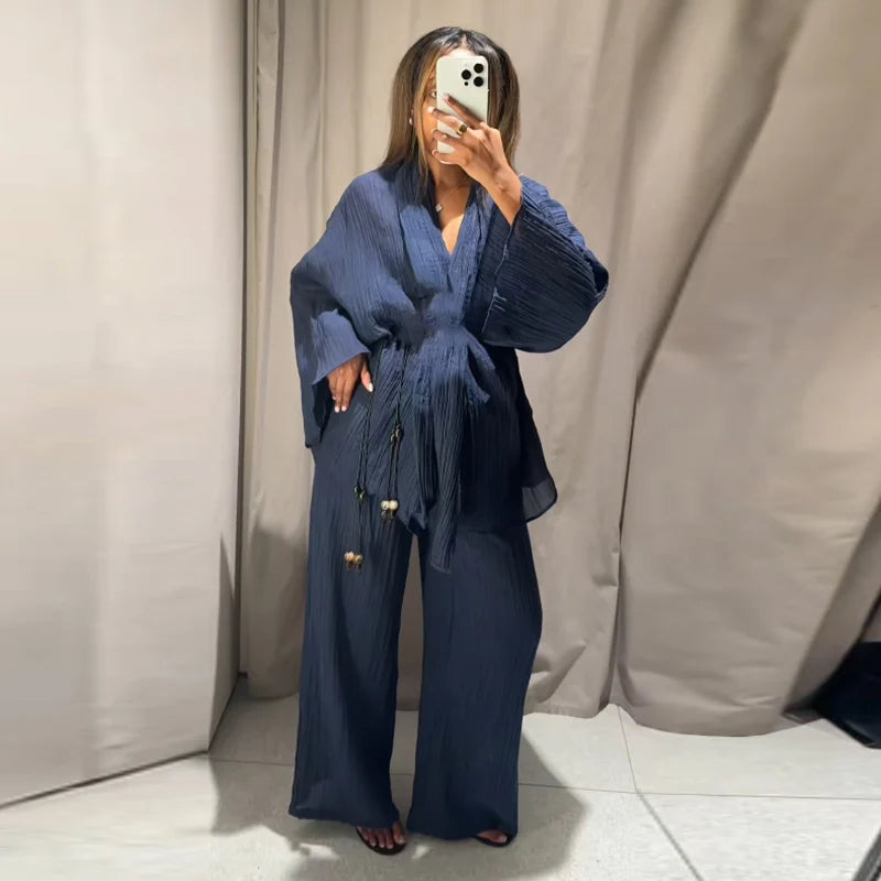 Tie Front Textured Women Set V-Neck Loose Set Wide Sleeve Drawstring Pants Casual Lounge Solid Color 2 Piece Outfits For Daily