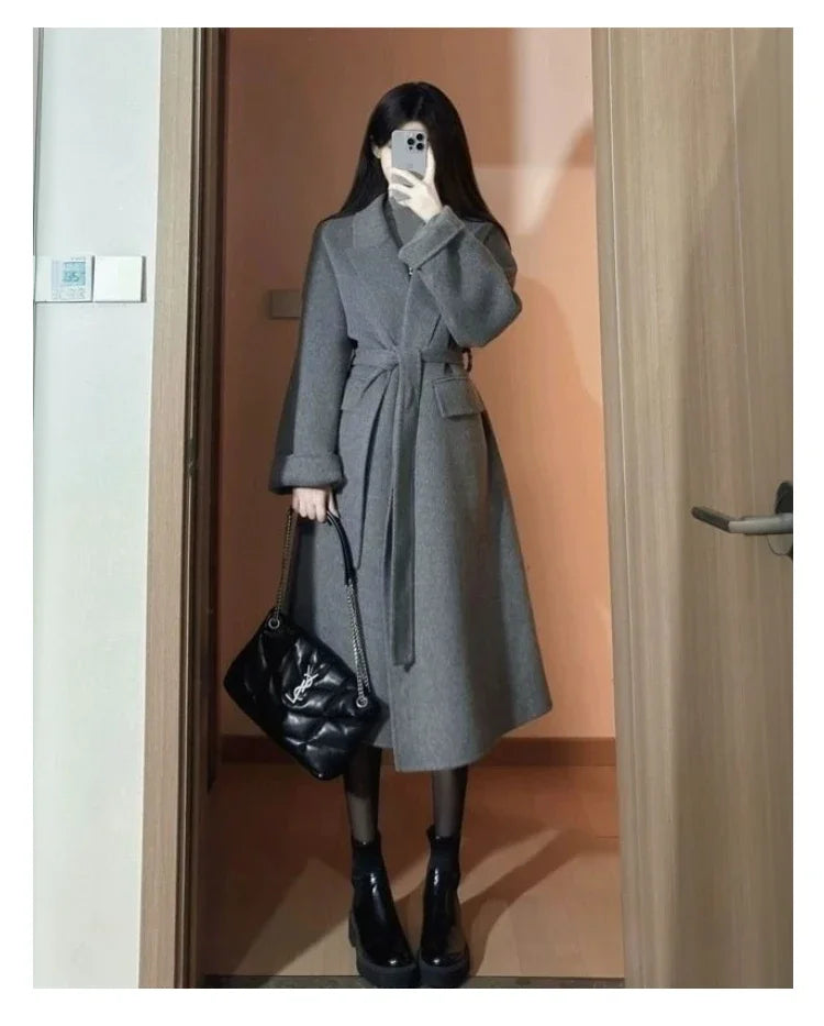 High-end Gray Women Thick Double-sided Wool Cashmere Coat New Loose Lapel Long Sleeve Woolen Coats Female Overcoat Winter