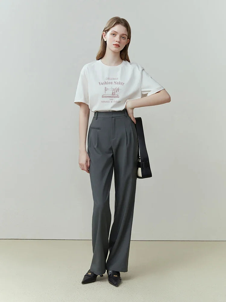 FSLE Women Cotton T-shirt Simple Print Design Dropped Shoulder Round Neck Women Solid Tees 2023 Spring Commuter Casual Tops
