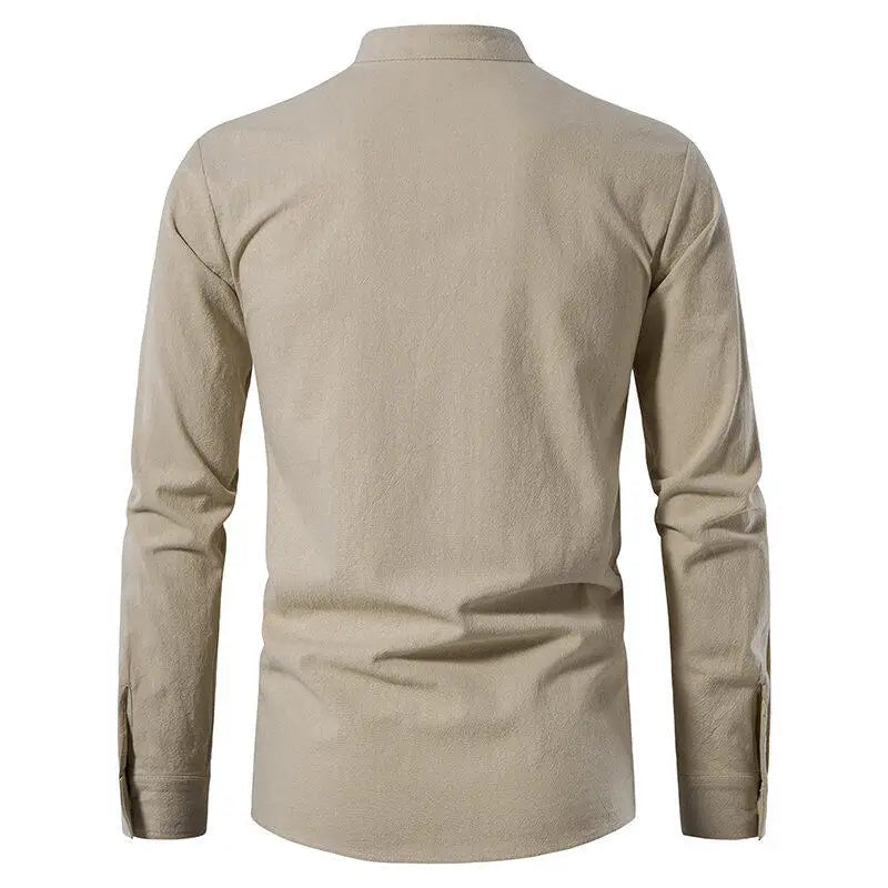 Men's  Casual Henley Shirt  Stand Collar Long Sleeve with Drawstring Cuffs Casual Henry Collar Shirt
