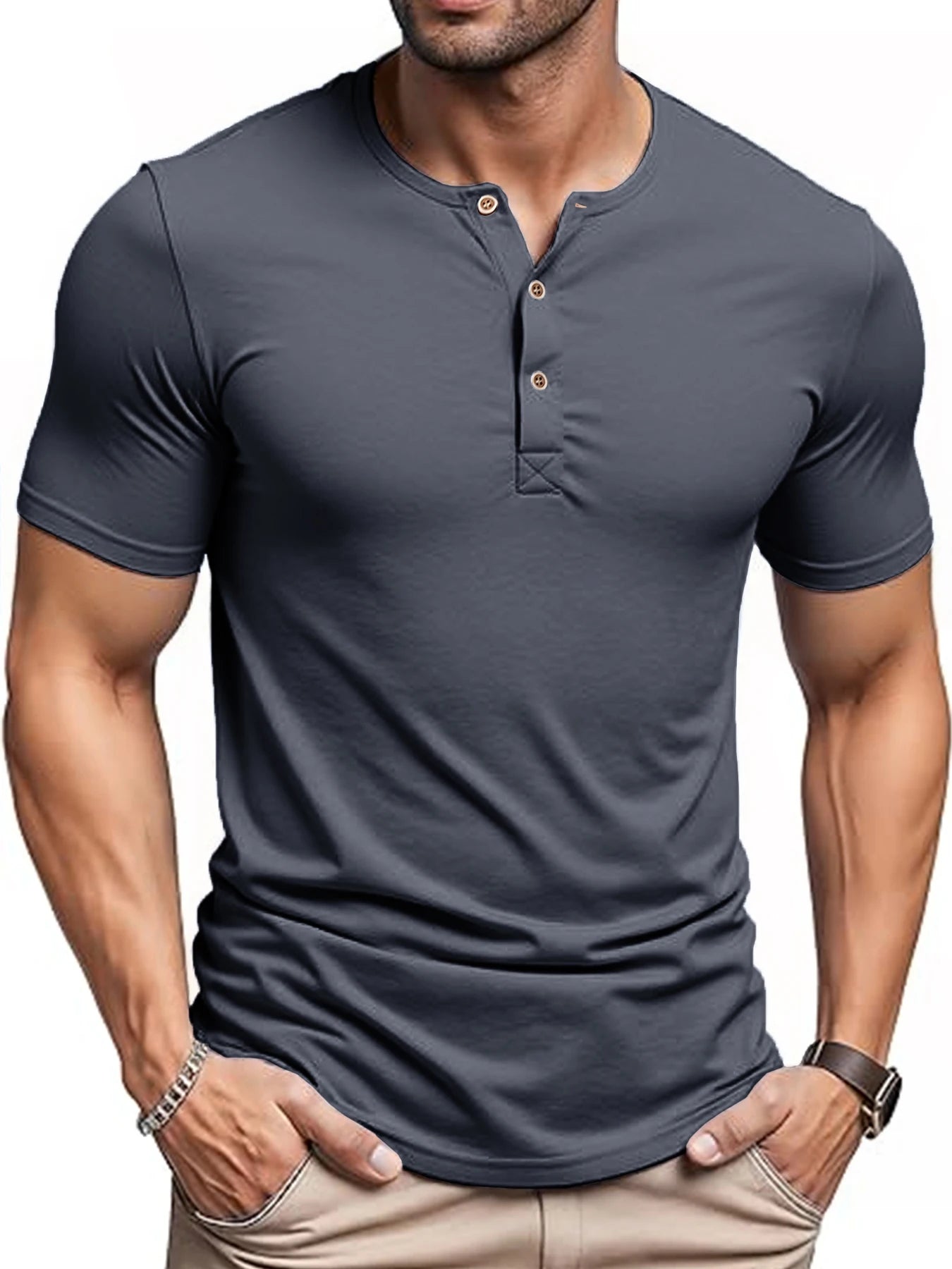 Men's Cooling Henley T-Shirt Slim Fit Short Sleeve Quick Dry Comfy Moisture Wicking Solid Color Button Shirt for Street Style