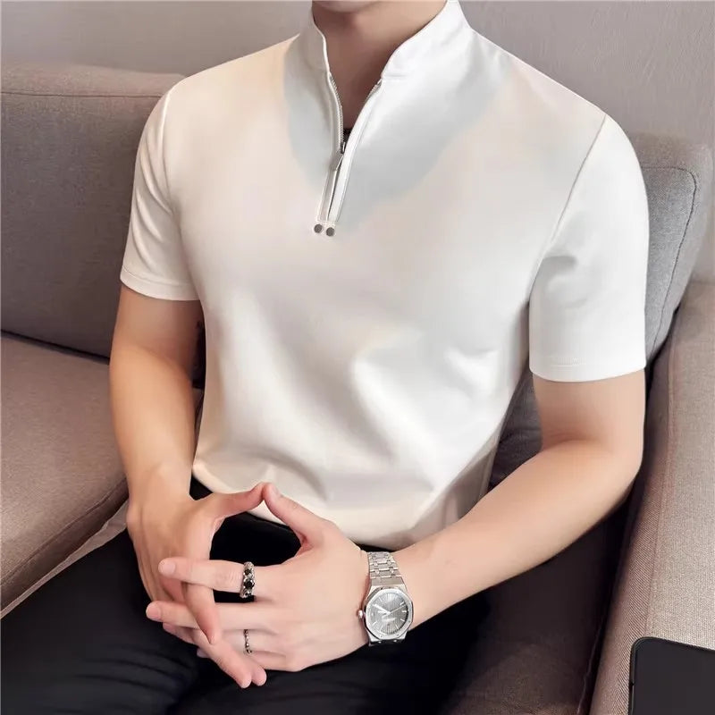 Summer Men's Stand Collar T-Shirts Fashion Half Zipper Pullover Tees Tops Men Solid Color Short Sleeve Slim Fit Casual  Tshirt
