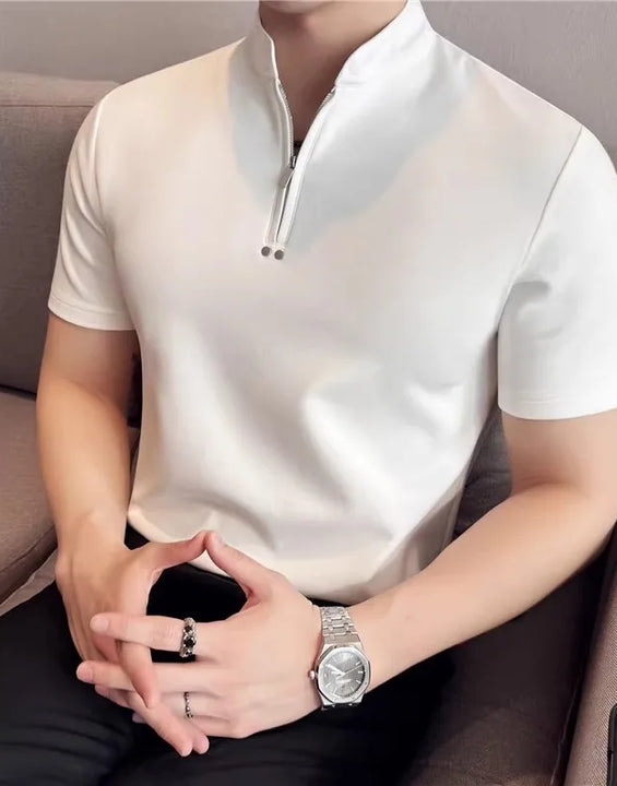 Summer Men's Stand Collar T-Shirts Fashion Half Zipper Pullover Tees Tops Men Solid Color Short Sleeve Slim Fit Casual  Tshirt