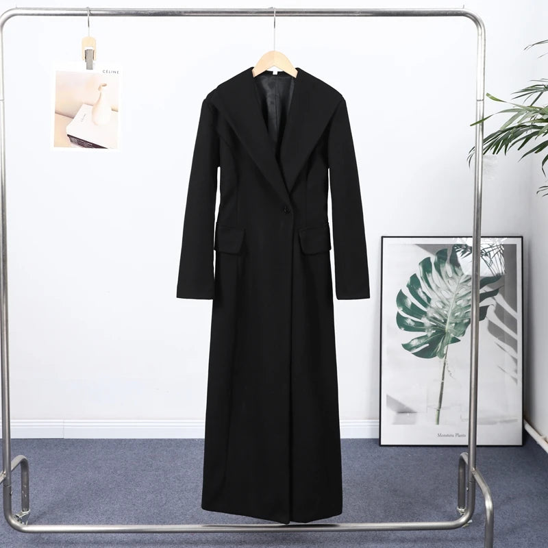 Elegant Women's Woolen Coat Black Single-Button Stand Collar Slim Lady Long Coats 2025 Autumn Winter Chic Female Streetwear New