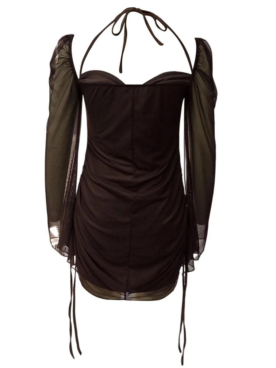 Long Sleeve Drawstring Pleated Halter Neck Mini Dress For Women Elegent Solid Pink Brown Short Dress Women