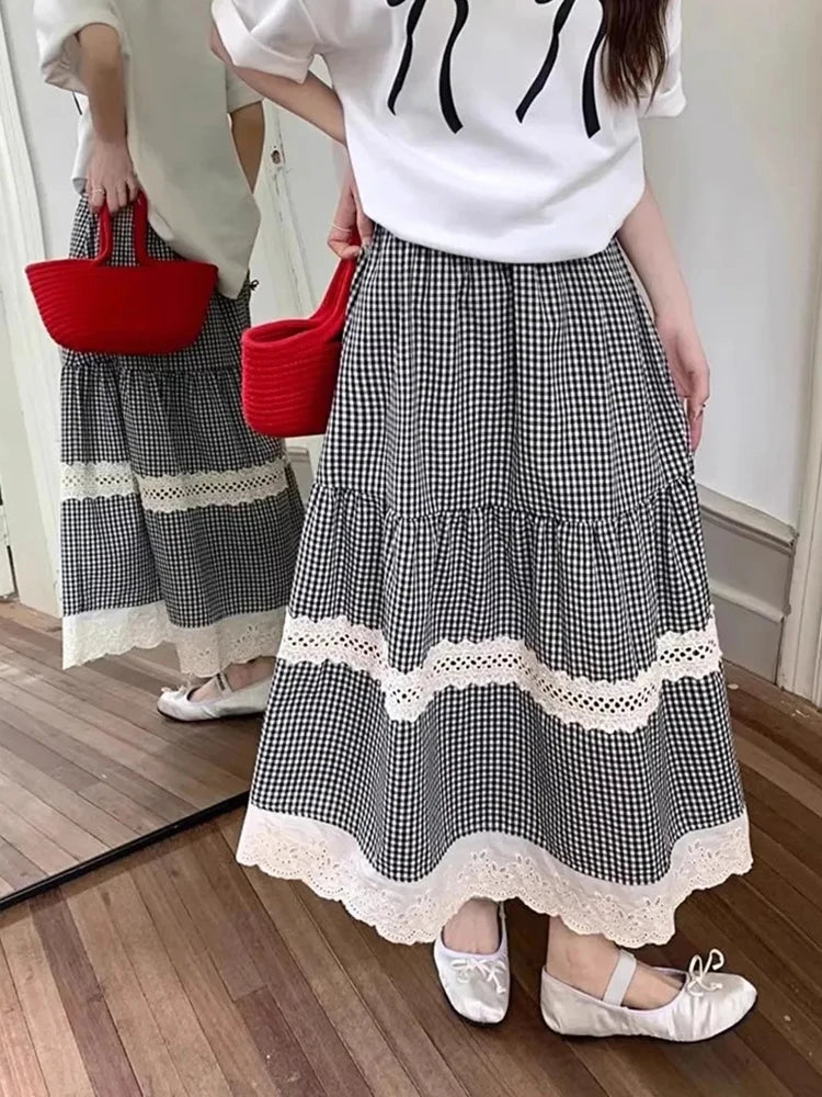 Jmprs Lace Patchwork Plaid Long Skirts Women High Waist Vintage Sweet Skirt Korean Casual Preppy Style Elegant A Line Skirts