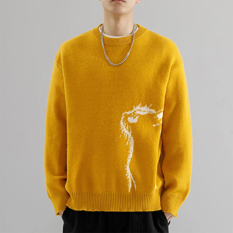 Trendy  Logo round Neck Knit Sweater Loose Fit Casual Base Layer Shirt for Men Autumn Winter New Arrival Fashion Urban Style