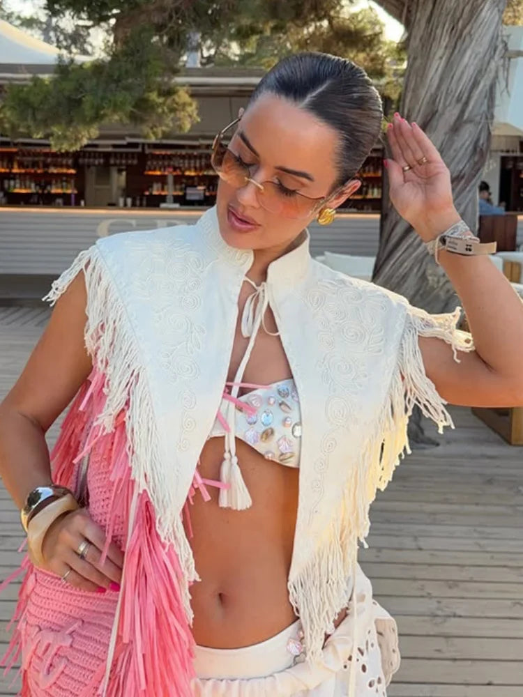 Chic Embroidery Tassel Shawl Women Casual Solid Stand Neck Sleeveless Irregular Short Top 2026 Female Vacation Daily Clothes New