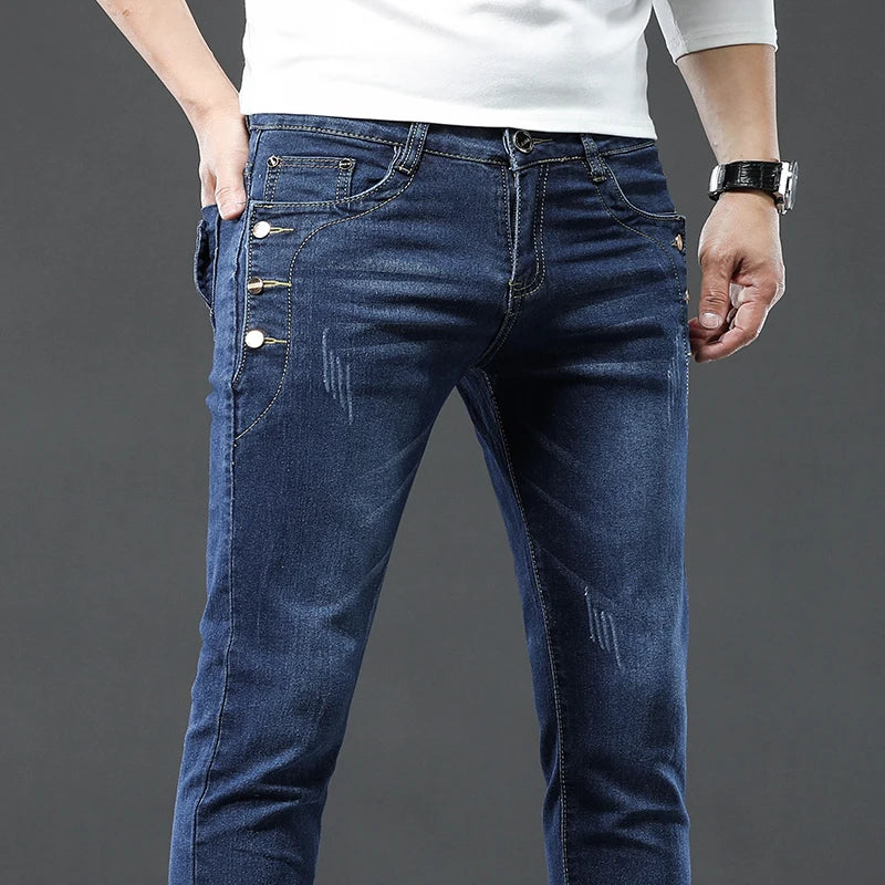 Vintage Fashion Men's Designer Jeans Snowflake Wash Korean Fashion Stretch Pants Male Classic Slim Denim Trousers