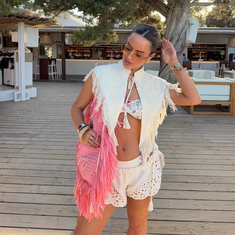 Chic Embroidery Tassel Shawl Women Casual Solid Stand Neck Sleeveless Irregular Short Top 2026 Female Vacation Daily Clothes New