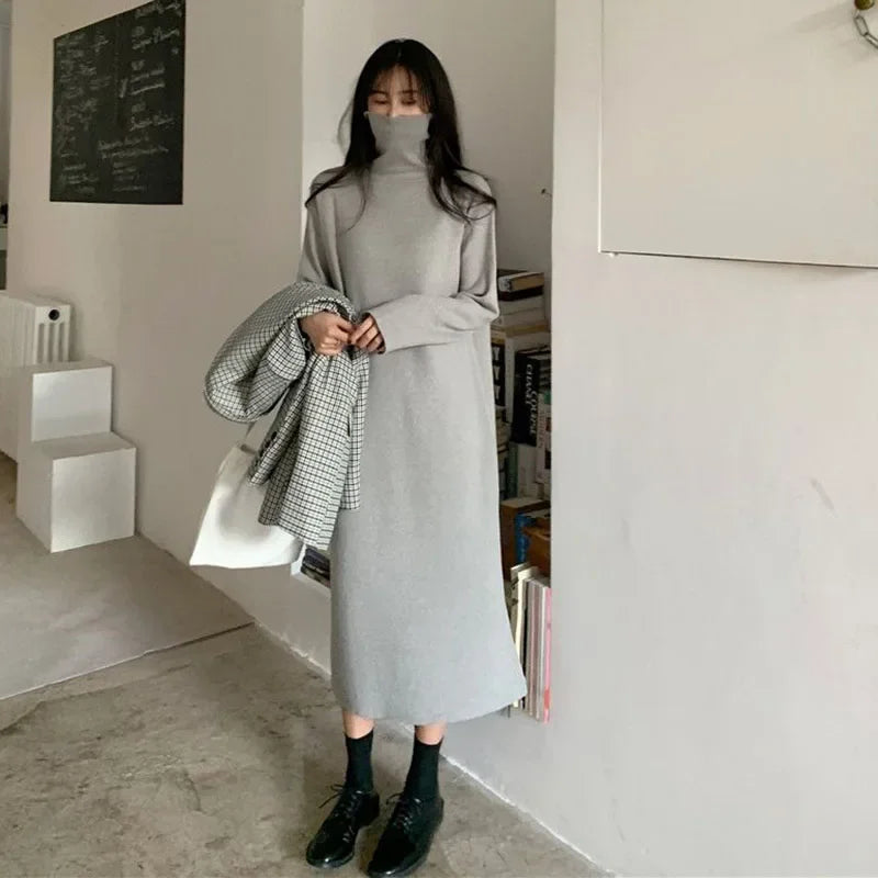 Smvp Fall Winter Turtleneck Long Dress Women Basic Solid Casual Loose Long Sleeve Dresses Female Streetwear Side Split Dress