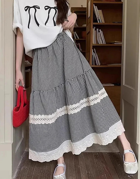 Jmprs Lace Patchwork Plaid Long Skirts Women High Waist Vintage Sweet Skirt Korean Casual Preppy Style Elegant A Line Skirts
