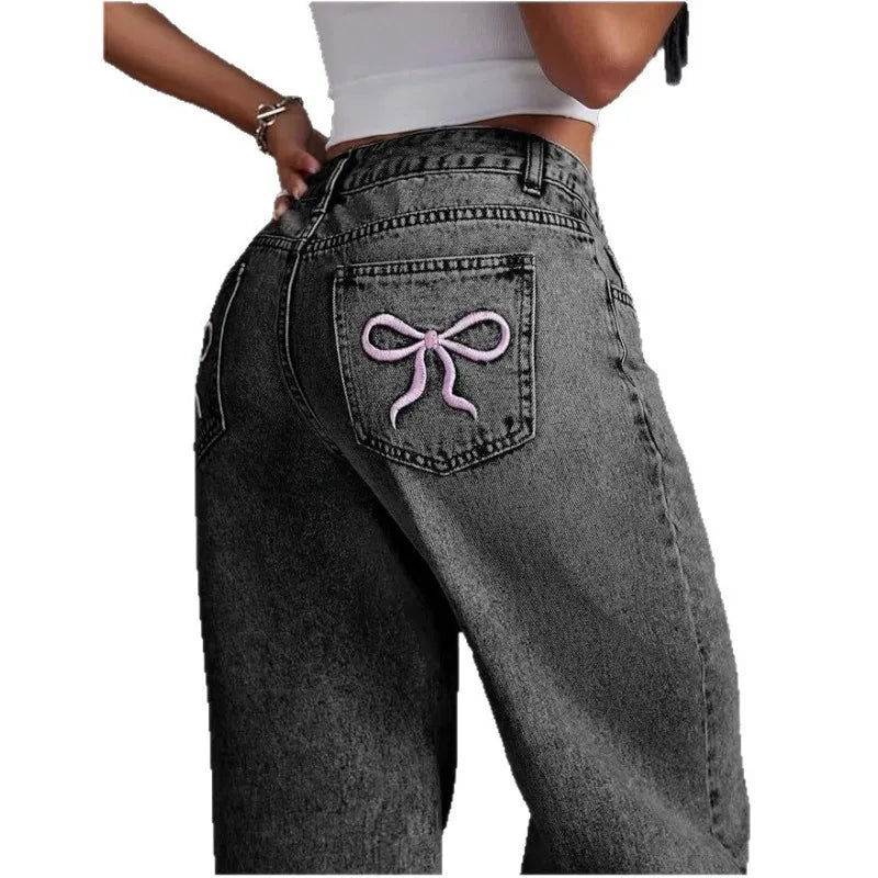 UNITIM Lady Versatile Washed Denim Trousers Women Straight Leg Slim Fit Jeans Pants Women Pockets Vintage Floor Length Trousers