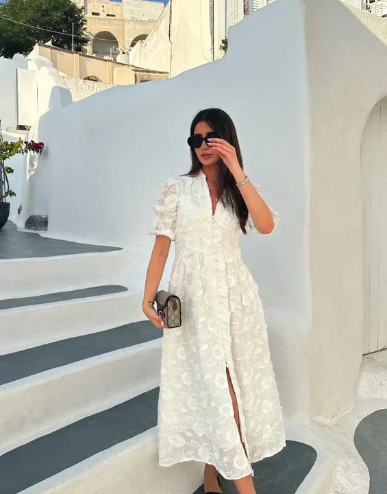 Elegant White Party Long Dress Women's Luxury V-neck Printed Single Breasted Split Evening Robe 2024 New Chic Street Dresses