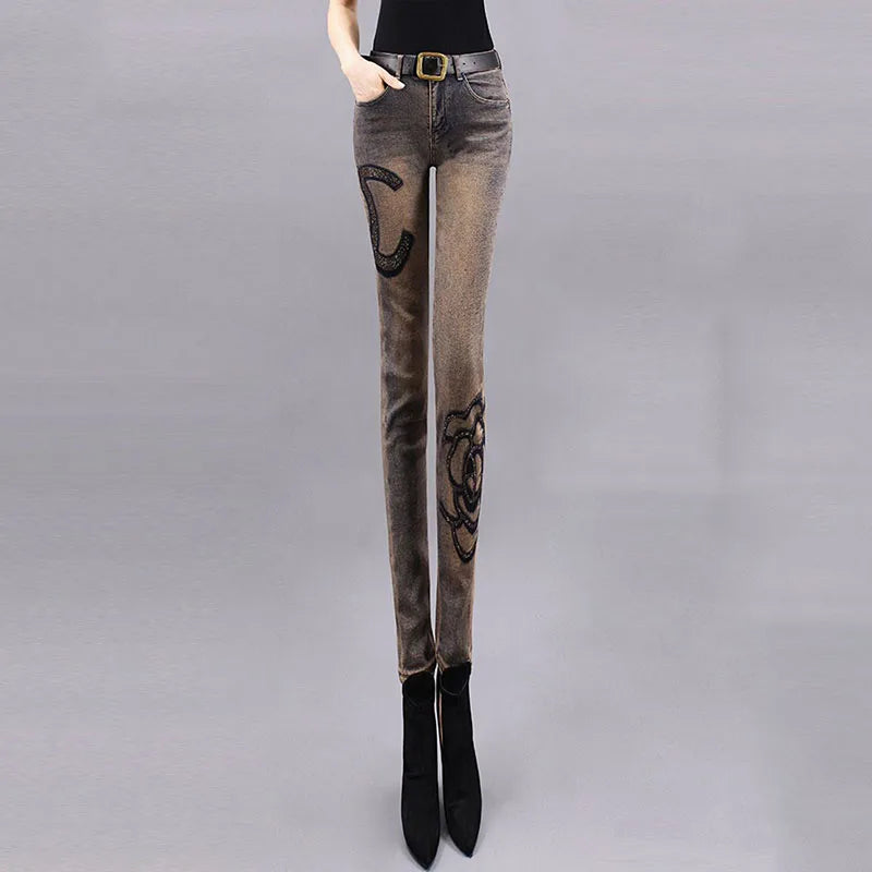 High waist Slim Jeans for Woman Streetwear Aesthetic Print Jean Pants Vintage Washed Denim Trouser