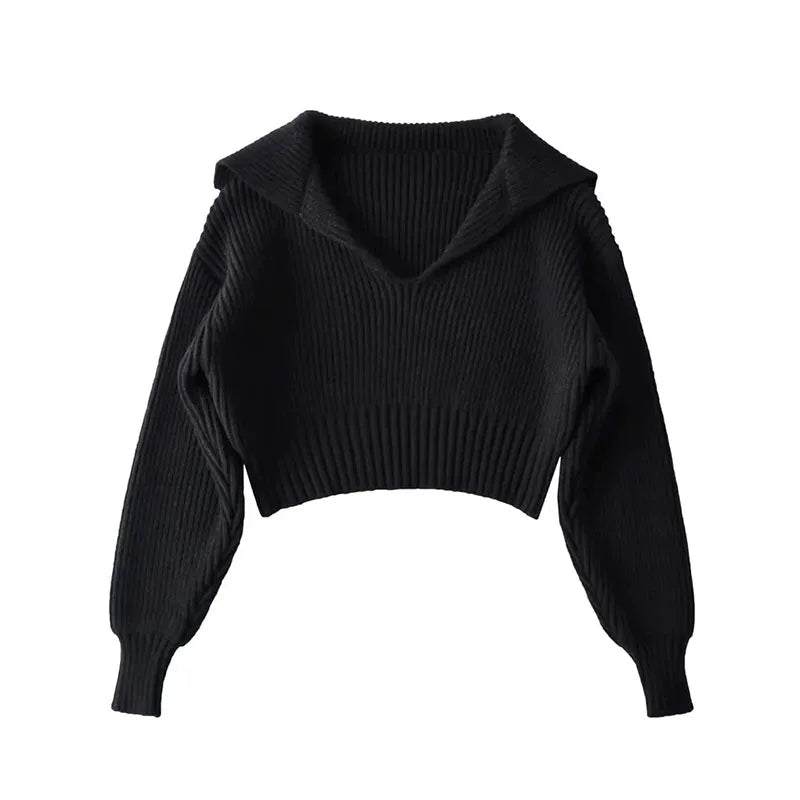 New V Big Lapel Knitted Sweater Women Fashion Loose Cropped Knit Jumper for Woman Korean All-Match Casual Pullover Knitwear