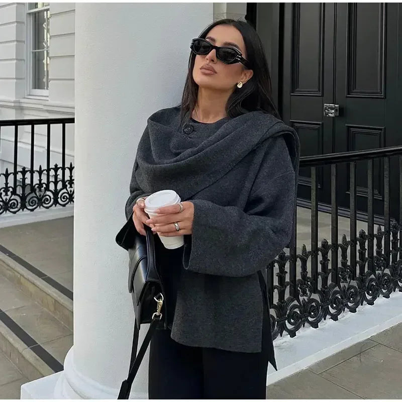 Autumn Short Gray Knitted Cloak Jacket Ladies with Scarf Women Fashion Long Sleeve Loose Cardigan Female Winter Elegant Chic New