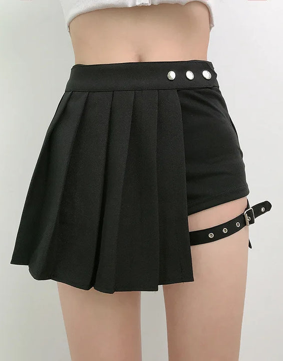 Pleated Girls Gothic Half Skirts Summer Harajuku Punk Style Plaid Irregular Skirts Women Asymmetrical High Waist Black Skirts