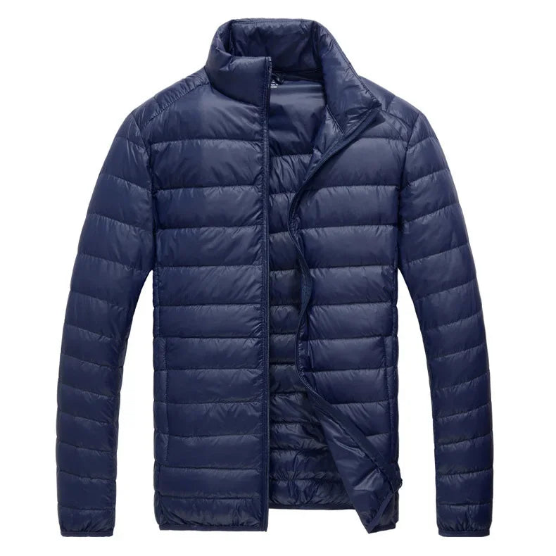 Schinteon Men Ultralight White Duck Down Jacket Thin Stand Collar Solid Color Simple Autumn Outwear