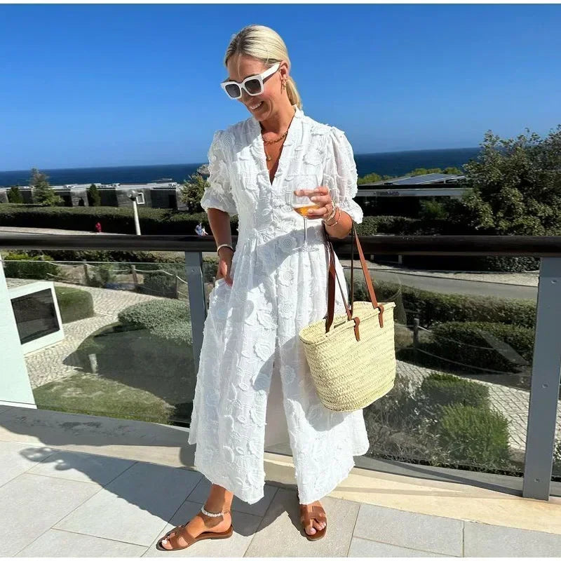 Elegant White Party Long Dress Women's Luxury V-neck Printed Single Breasted Split Evening Robe 2024 New Chic Street Dresses