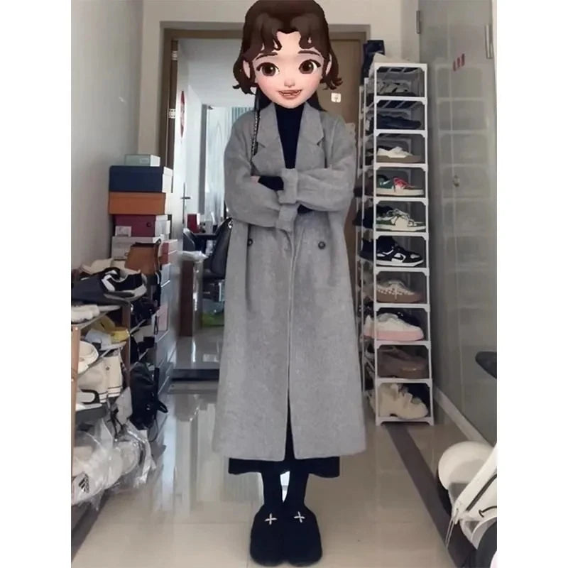 100% Wool Coat Lapel Overcoat Women Wool Blend Double Breasted Long Sleeve Shoulder Pad Coat 2024 Autumn Female Outwear