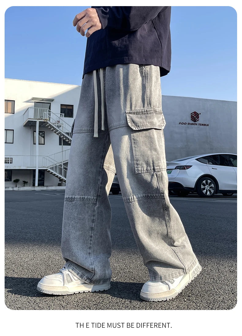 2025 new men's cement grey work jeans Y2K street hip-hop large pocket wide-leg straight jeans trousers jogging black light blue