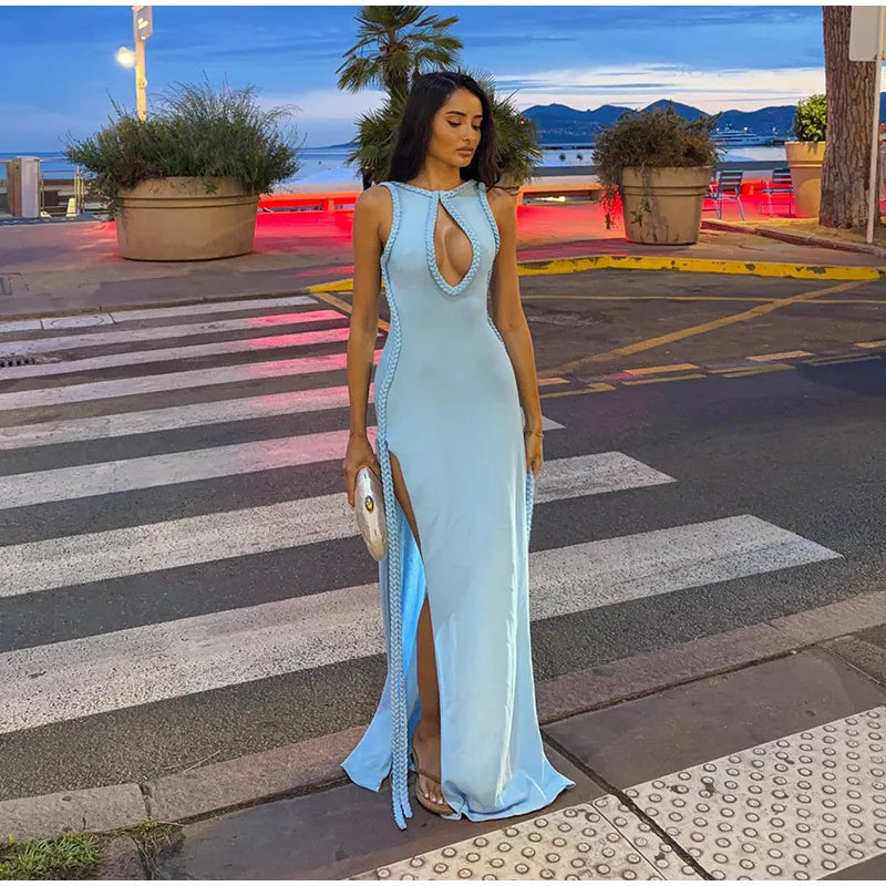 Women Elegant Maxi Dress Keyhole Neckline Braided Trim Sleeveless Backless High Slit Hem Solid Dresses 2026 Summer Fashion Gown