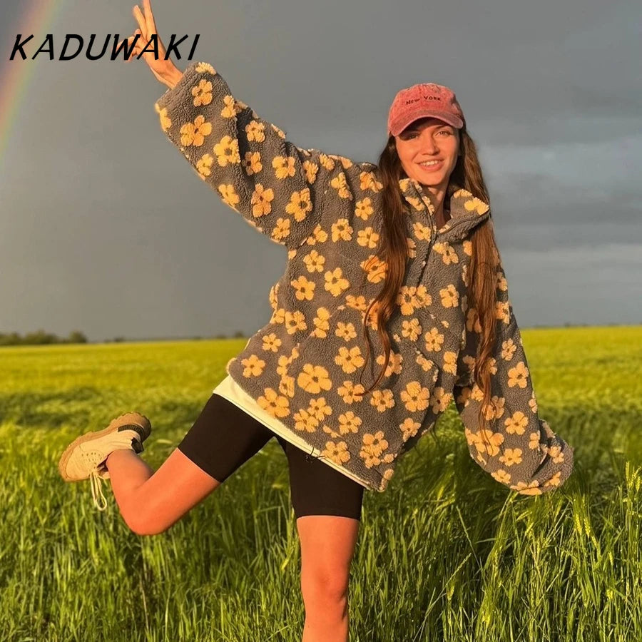 KADUWAKI Retro Christmas Women's Fashion Polar Fleece Flower Blossoms Sweaters Cotton Loose Warm Fur Stand Up Collar Zipper Tops